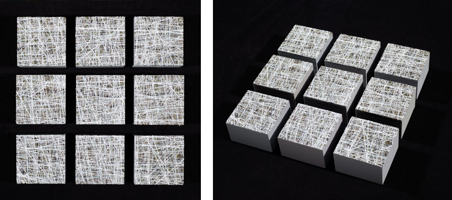 Susanne Lyner, 2014_17, Serie getrenntverbunden, 34x34x6(9teilig) Acryl gesprizt auf Holz