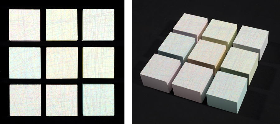 Susanne Lyner, 2014_18, Serie Les friandises, 34x34x6(9teilig) Acryl gesprizt auf Holz