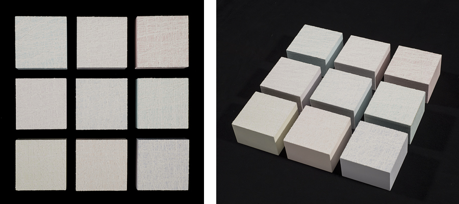 Susanne Lyner, 2014_19, Serie Les friandises, 34x34x6(9teilig) Acryl gesprizt auf Holz