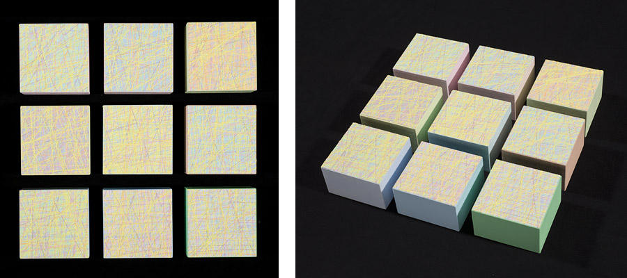 Susanne Lyner, 2014_20, Serie Les friandises, 34x34x6(9teilig) Acryl gesprizt auf Holz